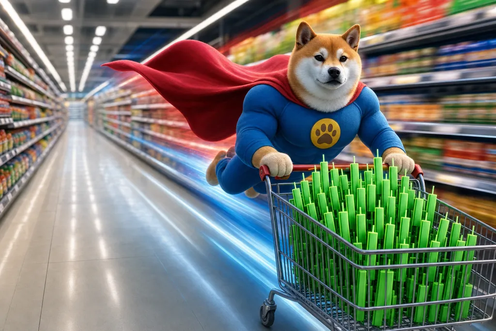 The super shiba flies low and fast down a long shop aisle, pushing his cart of green candles.