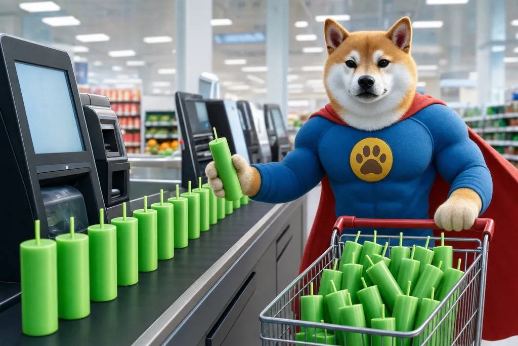 The super shiba at a self check-out, putting green candles on the belt, his cart next to him.