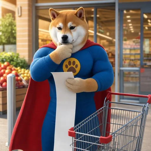 The super shiba stands at the shop doors, paw on his chin, reading a very long shopping list. His cart waits beside him.