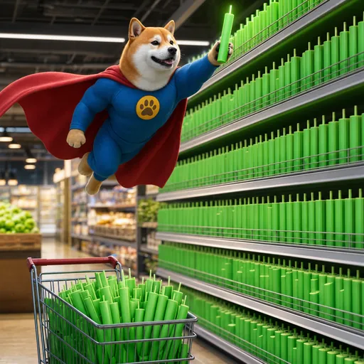 The super shiba floats up to the top shelf of a shop aisle full of green candles, his cart below.